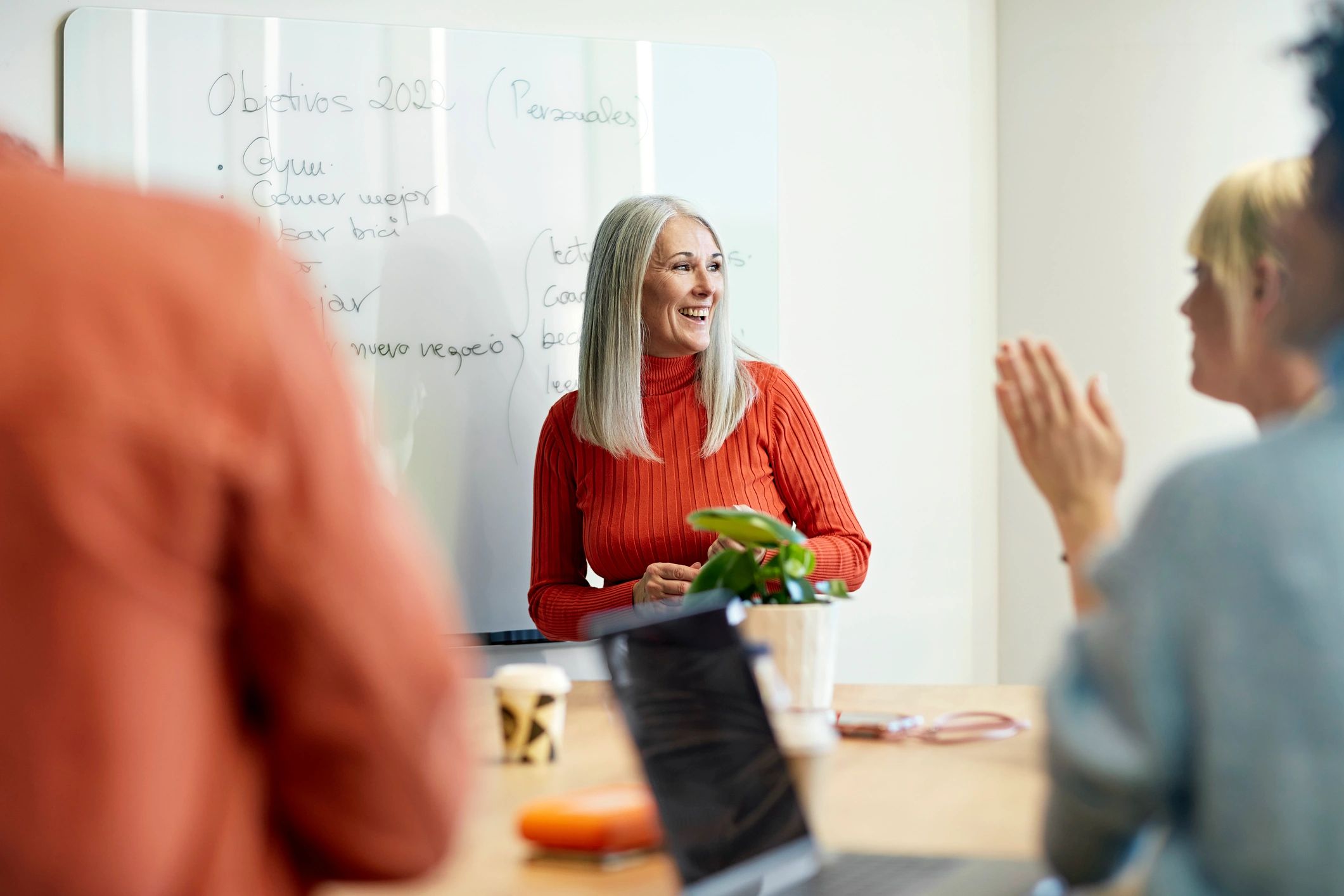Barcelona businesswoman presenting objectives for new year